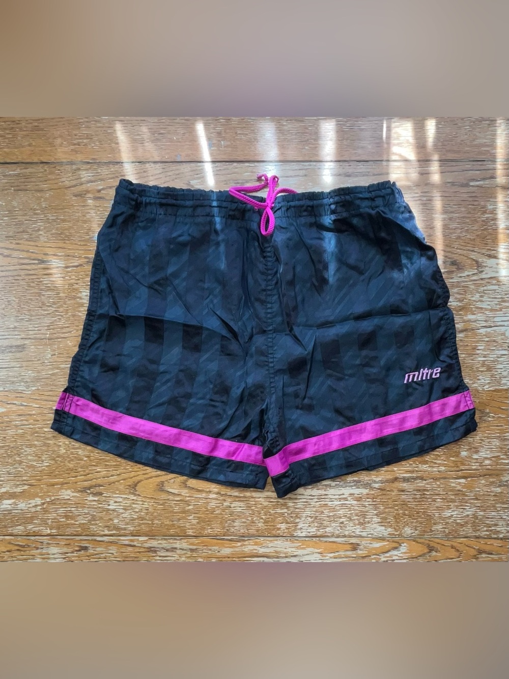 VINTAGE 90s Mitre Satin Nylon Soccer Shorts Smooth Black Pink Size XL Youth